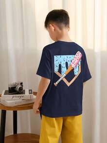 Áo thun ngắn tay cổ tròn in họa tiết dành cho nam sinh tuổi teen, kiểu dáng thường ngày, thích hợp mặc mùa hè. - Màu xanh hải quân - Xem 2