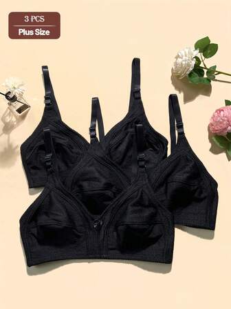 3 piezas Sujetador de mujer talla grande con lazo decorativo, de tela de punto, en unicolor, de estilo casual y cómodo, minimalista y deportivo