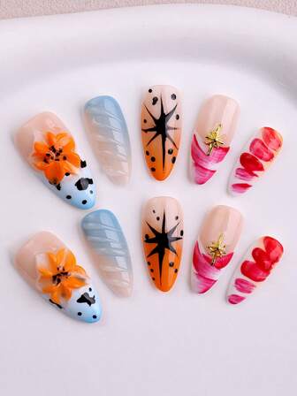 10pcs/Set Handmade Gradient Blue & Red Acrylic Press On Nails Mid-Length Almond Nails,French Nails, 3D Hand-Dripped Resin Flowers, Stripes And Carving Nails.Detachable Fake Nails, Nail Art,Suitable For Party, Dance, Daily Wear, Student Party, Cosplay, Press-Ons Reusable Nails, With Jelly Glue And Nail File DIY Nail Supplies