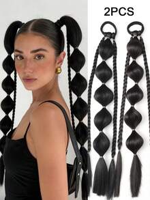 2 piezas Pelucas con trenzas de burbuja de 20 pulgadas estilo Y2K lindas y geniales para niñas, con banda elástica, accesorios para el cabello, adecuadas para fiestas, reuniones, regalo de Halloween (Color: Negro, Marrón Claro, Marrón Oscuro, Marrón-Negro) - Multicolor - Ver 8