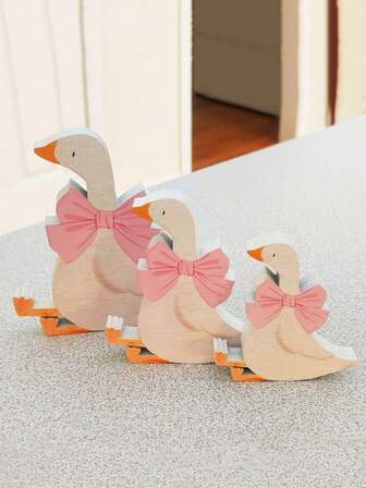 3件套傻天鹅生日派对装饰品，粉色蝴蝶结木质傻天鹅派对装饰品，适用于生日派对、情人节派对、婚礼趣味中心装饰品、节日派对小礼物多层托盘装饰