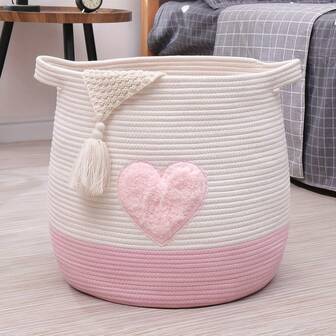 Laundry Basket Girls Nursery Clothes Hamper Pink Heart Storage Basket Bin Woven Rope Cute Round Blanket Basket Toys Organizer With Handle, Home Decor Basket For Bedroom, Bathroom, Dormitory