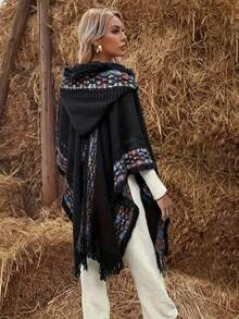 1 Áo choàng Poncho thanh lịch dành cho nữ, Khăn choàng tua rua rỗng đan màu trơn, Áo khoác ngoài ấm áp chất lượng cao, Áo len choàng đa năng mới, Thích hợp mặc hàng ngày - màu đen - Xem 3