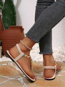 女士波西米亚风编织串珠平底人字拖凉鞋，夏季沙滩装 - 米色 - 查看 5