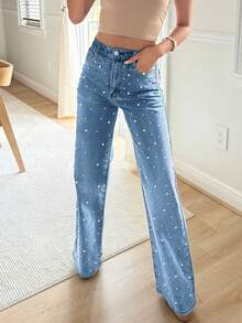 Women's Mid-Waisted Wide Leg Jeans, Vintage Washed Loose Denim Pants With Side Studs, Casual/Workwear - 深藍珍珠款 - 查看 3