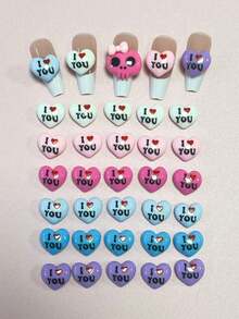 72 piezas/caja Nuevos accesorios de decoración para uñas de San Valentín estilo Kawaii Y2k con rosas rosadas, blancas, azules y púrpuras, corazones que dicen "Te amo" y "Me amo", ballet francés, ataúd, pequeños adornos de resina plana, partes para estuches de teléfono y manualidades Kawaii DIY - Multicolor - Ver 2
