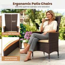 Lifezeal Patio Rattan Chairs Set Of 2/4 With High Backrest & Acacia Wood Armrests, Cushion - Beige and Brown - 查看 9