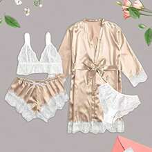 Women's Sexy Satin Lace Lingerie Set – Champagne Nightwear With Robe , Bralette, Shorts & Panty For Romantic Atmosphere - 香檳色 - 查看 3