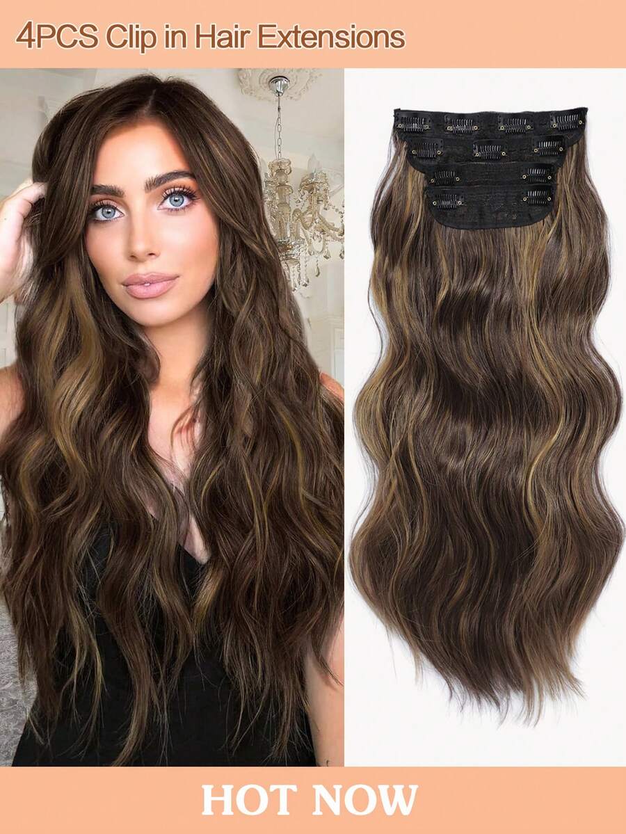 20inch Hair Extensions Clip In, 4PCS Wavy Hair Extension, Light Brown With Golden Highlights Hair Extensions For Women - Piano Color - View 1