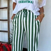 Women Y2k Striped Long Pants Bow Tie Side Slit Wide Leg Lounge Pants Gingham Bottom Plaid Checkered Sweatpants - Grön - Visa 5
