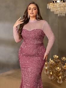 Faeriesty 这款大码女士优雅正式晚礼服采用高领设计，饰以精致的仿珍珠。修身剪裁和闪亮的鱼尾裙摆，打造出迷人动人的造型。轻盈飘逸的网纱袖子更添几分灵动之感。这款礼服是出席奢华节日活动、周年庆典、正式颁奖典礼、婚宴及其他特殊场合的理想之选。春季派对 - 藕粉色 - 查看 5