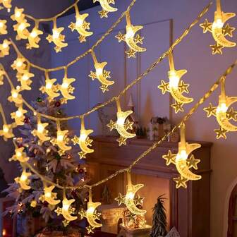 1pc 10/20/30/40LED Moon & 3 Star Dreamy And Romantic LED Fairy Ramadan String Lights Battery Operated For Bedroom Living Room Wedding Ramadan Party Garden Park Holiday Festival Decoration