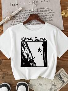 Camiseta blanca con gráfico "Eliot H Smith", que muestra tu estilo musical. Este diseño hace que tu verano se vea talla grande perfecto, expresando tu comprensión y búsqueda de la cultura musical - Blanco - Ver 1