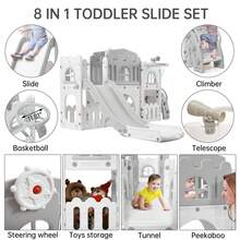 Tobogán 8 en 1 con aro de baloncesto, telescopio, volante, túnel, pelota y espacio de almacenamiento. Ideal para patio, interior y exterior. - Blanco - Ver 6