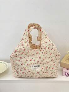 1 Piece Cute Flower Lunch Bag Large Capacity Canvas Lunch Box Bag Fashionable Checkerboard Pattern Tote Bag Camping Food Storage Bag Portable Shopping Handbag No-Closure Lunch Bento Bag School Lunch Box Storage Bag Small Commute Tote Bag Cosmetics Outing Essentials Small Items Organizer Bag Girly Bento Bag - Multicolor - View 10