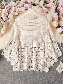 French Vacation Style Hollow Crochet Knit Cardigan For Women, Flare Sleeves With Tie, Spring/Summer New Casual Commuting Wear - Apricot - View 2