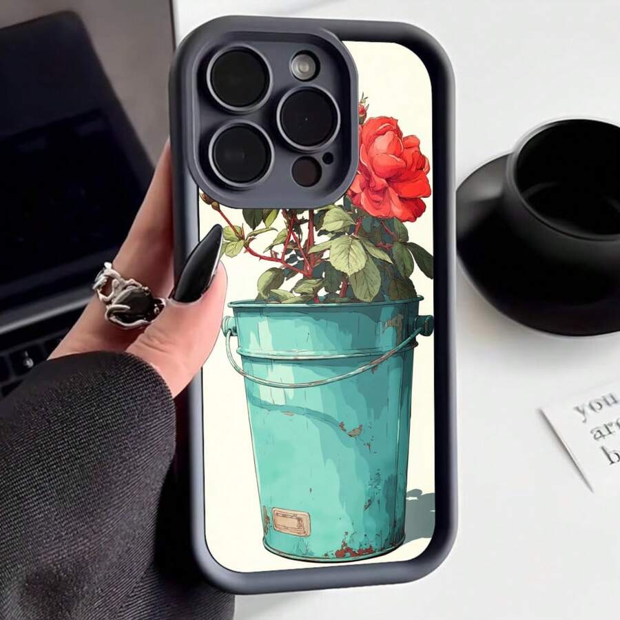 Cubierta de telefono con borde negro para iPhone 14 Pro Max con estampado de cubo turquesa con rosa roja y hojas verdes ideal para uso diario y estilo elegante - Café integral - Ver 1