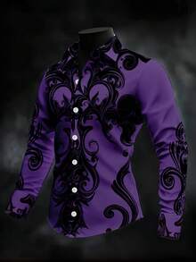 男士复古几何印花长袖衬衫，修身哥特风休闲衬衫，适合万圣节、节日、日常穿着、春秋季节。 - 紫色 - 查看 8