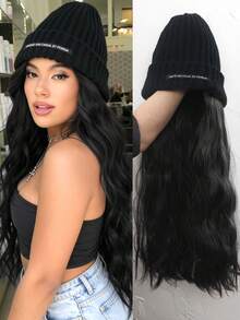 Women's Detachable Hat Wig, 26 Inch Black Knitted Hat With Long Curly Wig, Winter Knitted Wig Hat, Warm Plush Knitted Wig Hat, Suitable For All Women For Autumn And Winter Warmth, Fashionable Outfit, Halloween, Women's Wig, Christmas Daily Essential (Hair Color: Brown/Gold/Black) - Multicolor - View 12