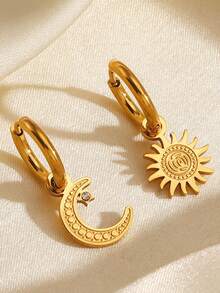 1对不对称日月吊坠耳环，女士百搭复古简约设计首饰，礼品配饰 - 日月耳環 - 查看 7