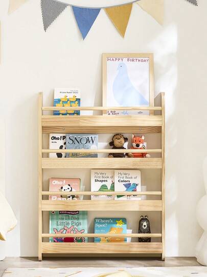 SoBuy Children's Bookshelf, Wall Shelf For Children's Room, Children's Shelf, Storage Shelf With 4 Shelves For Books, Toys And Decorations, Children's Room Furniture, Natural, 80x118x12 Cm KMB08-N