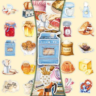 50pcs Cute & Healing Baking Time Food Cartoon Stickers For DIY Phone Case, Water Cup
