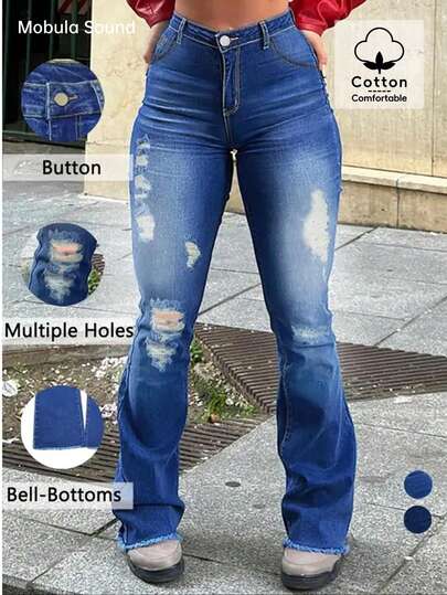 Mobula Sound 休闲优雅喇叭牛仔裤，春夏百搭时尚单品，适合休闲、度假、日常、约会、旅行、派对、机场等各种场合穿着 - 女士弹力修身喇叭牛仔裤