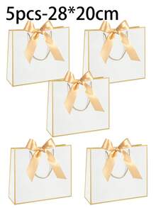 5个/1个装 - 横款牛皮纸礼品袋、购物袋、带提手包装袋、蝴蝶结装饰手提袋、万圣节、万圣节、感恩节、圣诞节、新年、婚礼、生日礼物包装袋、简约纯色购物袋