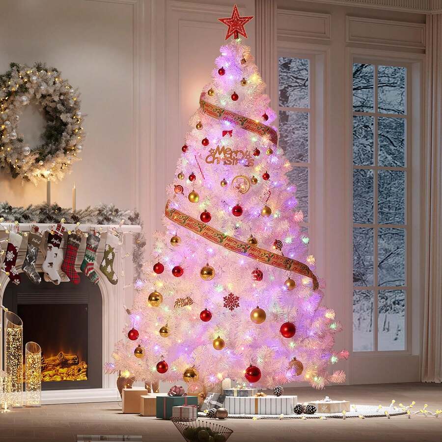 Árbol de Navidad artificial blanco preiluminado de 6 FT con luces LED blancas cálidas y soporte de metal, pino artificial para decoración navideña para el hogar, la oficina y fiestas. - Blanco - Ver 1