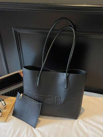 2pcs Women's Solid Color Embroidered Thread Fashion Large Capacity Shoulder Tote Bag With Snap Closure