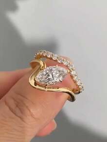 rundraw 1pc 2026 New Geometric Olive-Shaped Zirconia Multi-Layer Full Diamond Elegant Luxurious Copper Gold Women's Ring, Suitable For Dates, Weddings, Engagements, Parties, Anniversaries, Paired With Daily Outfits, Best Gift For Friends, Lovers, Valentine's Day, New Year - Gold - View 6