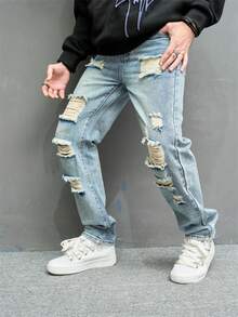 ‌Jeans azules de hombre con rotos y parches, estilo callejero americano - Azul - Ver 1