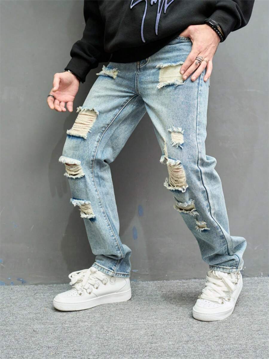 ‌Jeans azules de hombre con rotos y parches, estilo callejero americano - Azul - Ver 1