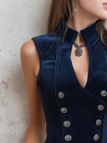 Áo vest không tay cổ vintage dành cho nữ, có cúc trang trí, màu trơn, kiểu dáng thường ngày. - Màu xanh hải quân - Xem 5