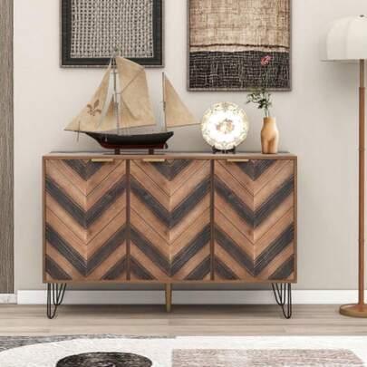 Sideboard, Exclusive Sideboard With Various Shapes, Stylish Details And Ample Storage Space. Door Made Of Solid Wood Veneer, With A Concave And Convex Texture. Contains Laminate. Small Cabinet With Gold Accents.