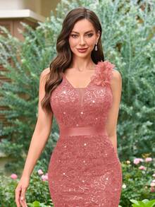 MIUSOL Full Sequin Floral Lace Deep V Neck Sleeveless Cocktail Party Bodycon Dress, Semi Formal Women Dress, Valentine's Day - Dusty Pink - View 8