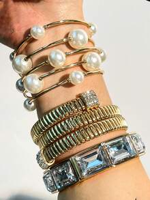 1pc Multi-Element Punk Silver Geometric Beaded Bracelet, With Elastic Stretch Design Street Hip-Hop Fashion Bangle, Women Jewelry Gift - Multicolor a - View 11