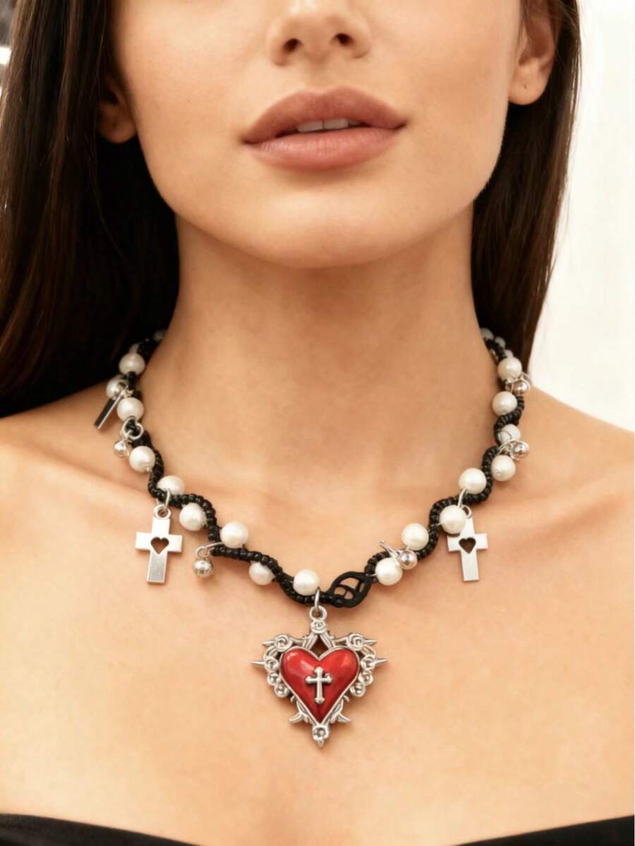 1pc Handmade Pearl Necklace With Heart & Cross Design, Luxurious Bicolor Black & Red Choker Necklace, Suitable For Party, Festival Occasions - Cross Necklace - View 1