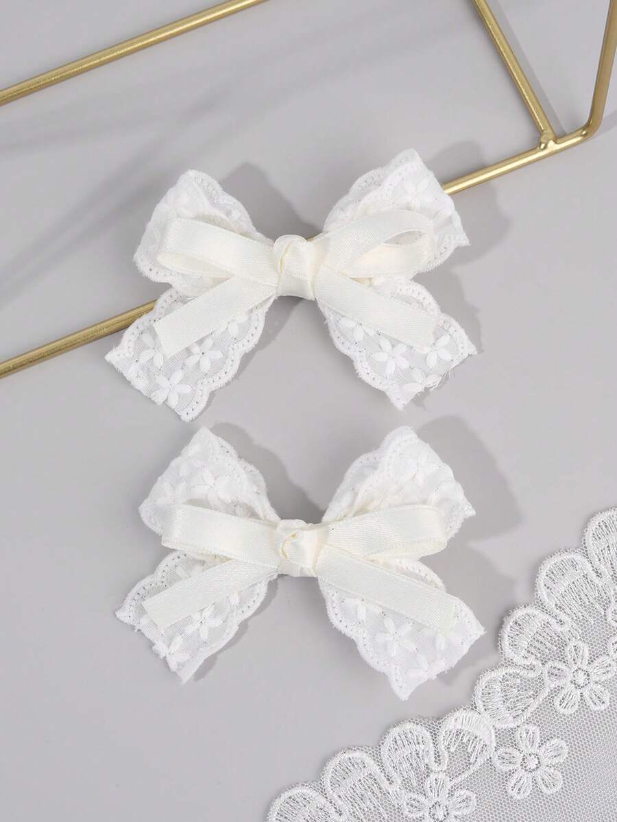 2个白色蝴蝶结发夹，蕾丝蝴蝶结发饰，时尚鳄鱼夹，适合日常佩戴和女孩派对礼物 - 白色 - 查看 1