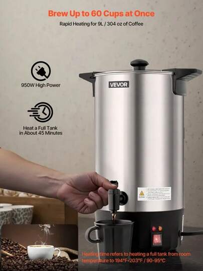 Commercial Coffee Urn, 60 Cup 9 L Hot Beverage Dispenser With Dripless Faucet, Quick-Brewing Stainless Steel Large Commercial Coffee Maker, For Catering, Business, Party, Church & Restaurant