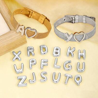 1 pieza Letra de lujo de 18k, lisa y voluminosa, de la A a la Z, colgante de acero inoxidable con corazón hueco para hacer joyas DIY (letras/corazones/pulseras se venden por separado)