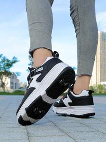 4-Wheel Roller Skate Shoes For Boys And Girls, New Kids Roller Sneakers, PU Leather Lightweight Durable Roller Shoes For All Seasons, Fashion Rotating Buckle Adjustable Double Wheel Invisible Roller Skate Shoes, Removable Wheels, 2-In-1 Roller Skates & Ice Skates, Roller Shoes For Teenagers