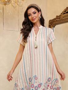 Elegant Embroidered Arabic Dress, JALABIA Tasseled Sash Short Sleeve V-Neck Dress, Ramadan Atmosphere, Soft 2026 New Design Robe Summer - Apricot - View 5