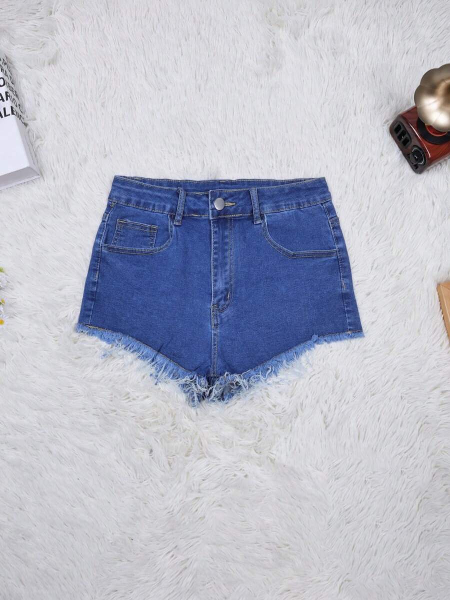 Dollsgirl 女士 Y2K 性感复古短裤，高腰斜插口袋毛边弹力修身休闲超短牛仔短裤，沙滩度假