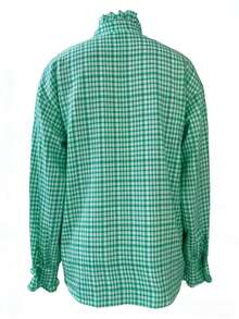 Áo sơ mi nữ tay dài kẻ caro viền bèo nhún, màu hồng, chất liệu polyester, cài cúc phía trước. - màu xanh lá - Xem 4