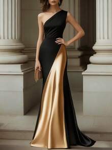 女士优雅单肩黑金撞色晚礼服，婚礼宾客礼服