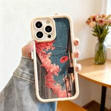 Cubierta de teléfono con borde protector color gris oscuro con estampado de cerezos en flor y paraguas rojo bajo lluvia escena urbana japonesa para uso diario y viajes - Burdeos - Ver 4