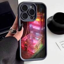 Cubierta de teléfono con borde negro diseño caja luminosa neón rojo y rosa con cadena y texto en inglés para uso diario y estilo urbano - Blanco - Ver 3