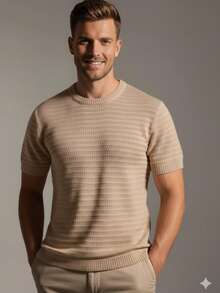 Men's Rib-Knit Short Sleeve Round Neck T-Shirt, Premium Quality, Spring/Summer 26 - 米色 - 查看 5