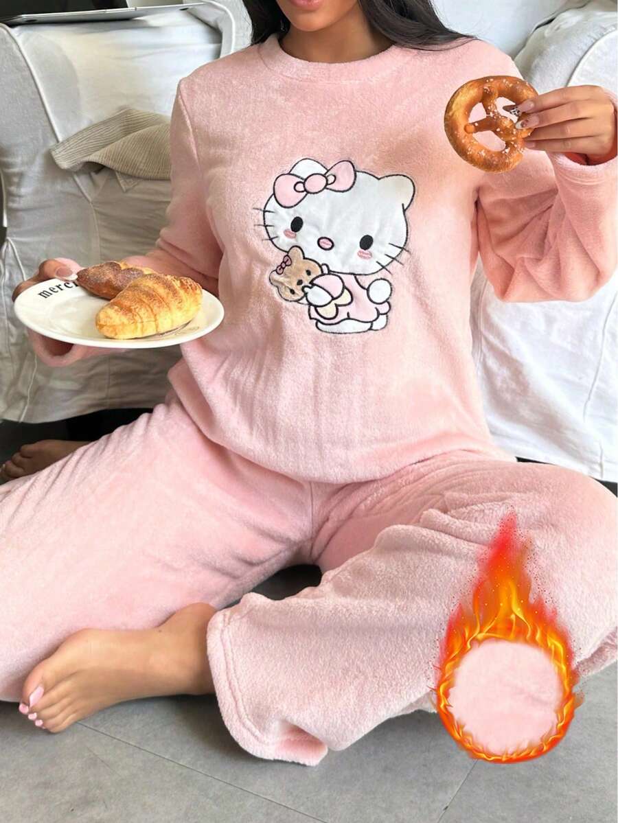 SANRIO 2件套女士Hello Kitty加厚绒宽松长袖上衣+舒适长裤可爱睡衣套装 - 粉色 - 查看 1